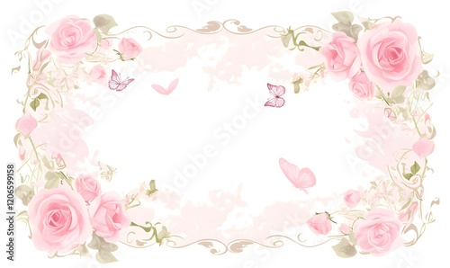 A rectangular white frame with pink roses and butterflies on a white background in the watercolor style, Generative AI