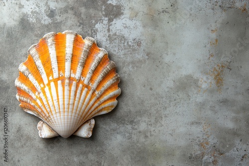 Striped scallop shell on grey textured background. Perfect for summer, beach, or ocean themes, adds a natural, calming element to designs.