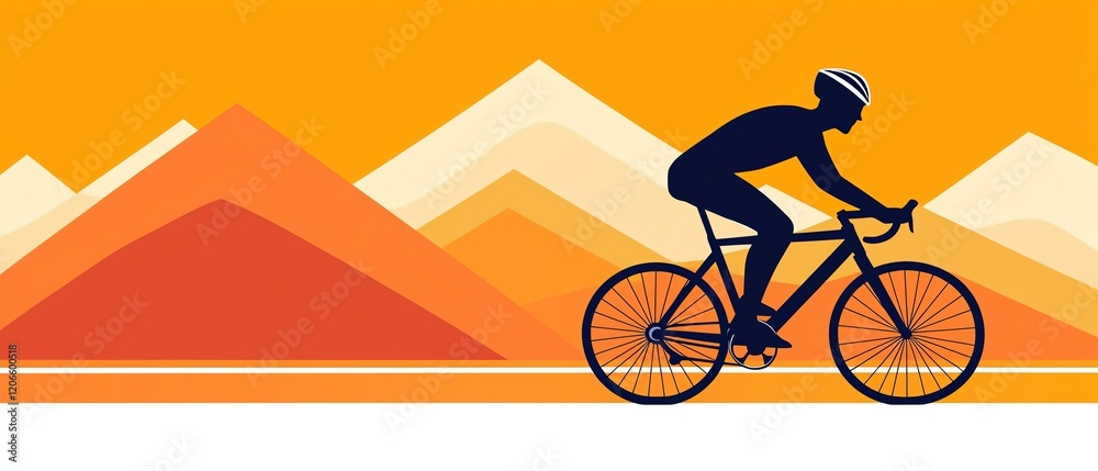 A silhouette of a cyclist riding on a mountain road, set against a vibrant orange sunset with stylized mountain peaks in the background.