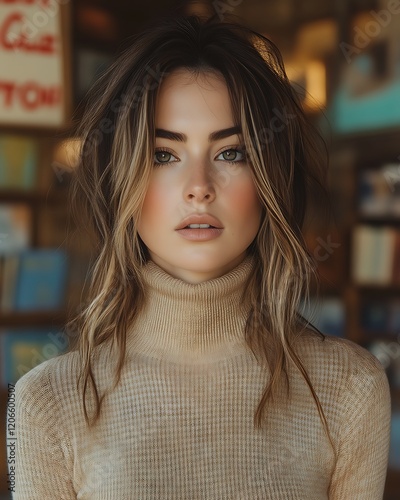 Woman Bookstore Portrait, Neutral Sweater, Bookshelf
