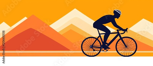 Obraz na płótnie A silhouette of a cyclist riding on a mountain road, set against a vibrant orange sunset with stylized mountain peaks in the background. w salonie