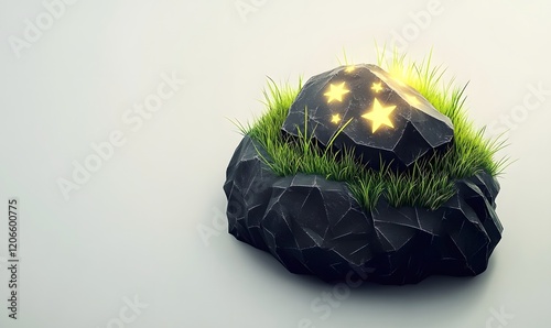 Glowing rock starscape, grassy knoll, white background, fantasy design