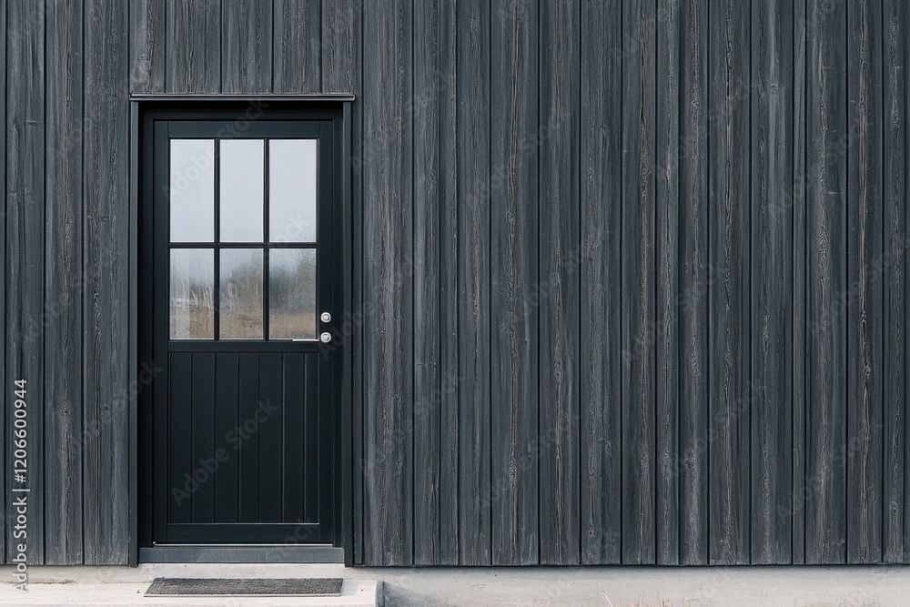 Modern black door set against a textured wooden wall in a minimalist architectural design, capturing simplicity and elegance in the outdoor environment