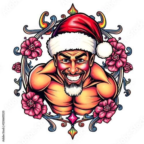 Muscular Santa Claus in ornate frame.