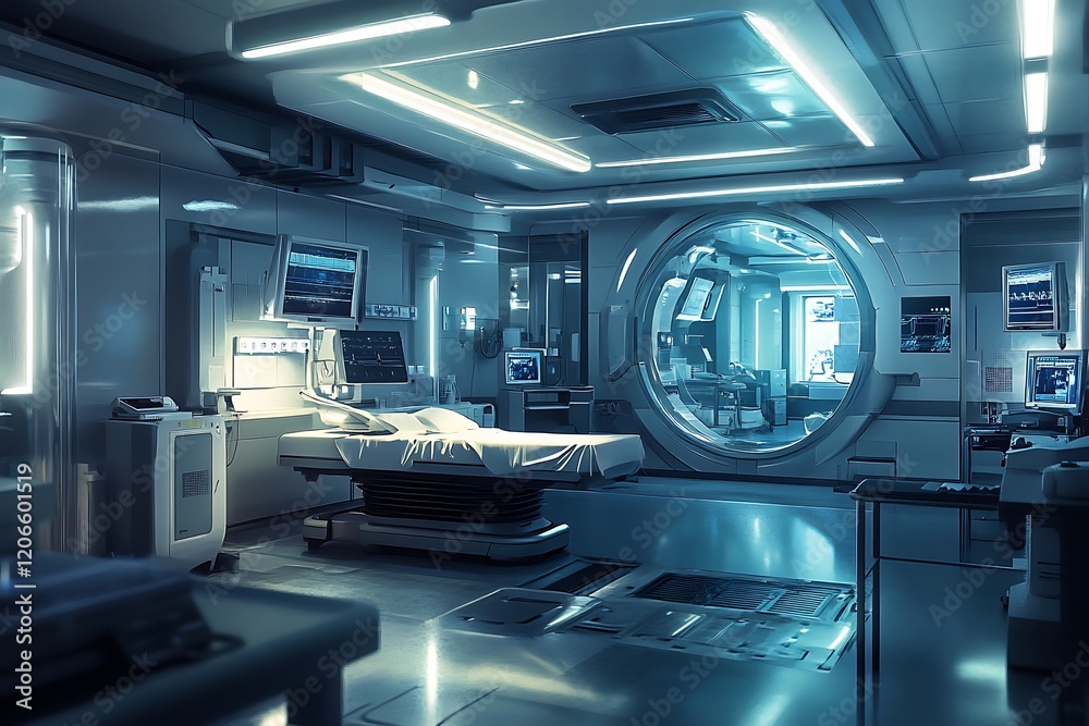 Futuristic medical facility with advanced technology and equipment.