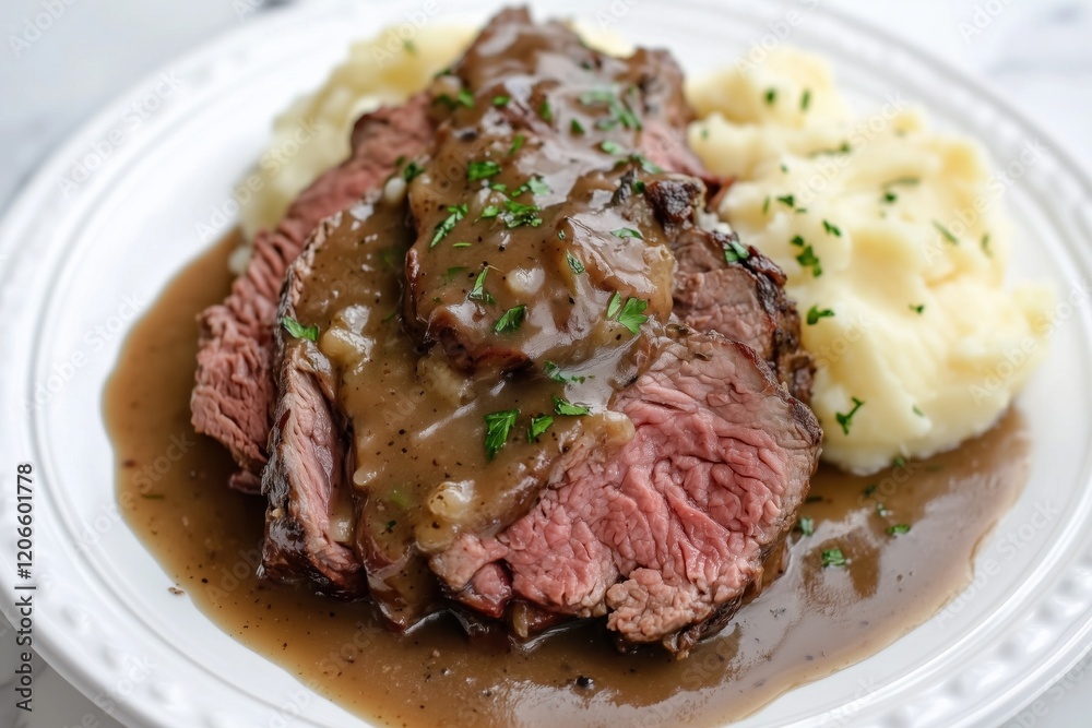 Top view of roast beef covered in demi glace gravy with mashed potatoes on white plate Top view of roast beef covered in demi glace gravy with mashed potatoes on white plate