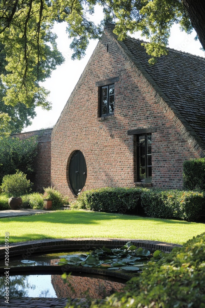 Beautiful garden view featuring a charming red brick house with a round door and serene pond, surrounded by lush greenery and vibrant plants in daylight Beautiful garden view featuring a charming red brick house with a round door and serene pond, surrounded by lush greenery and vibrant plants in daylight