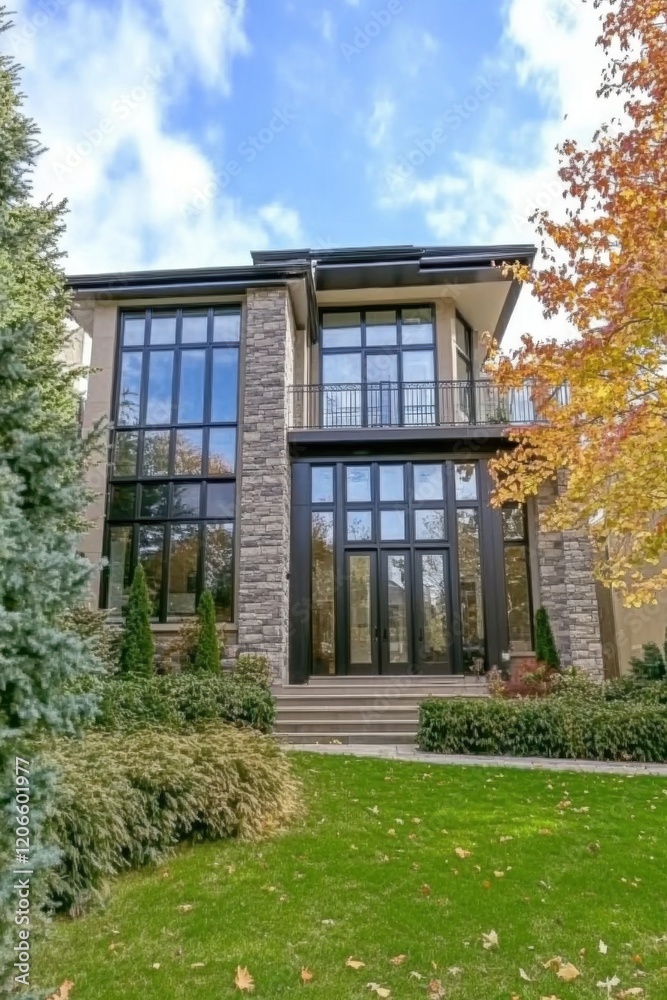 Fototapeta premium This contemporary residence features expansive windows that invite natural light, harmoniously set against a beautifully landscaped garden showcasing the vibrant colors of autumn.