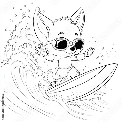 Cool fox surfing ocean wave, summer fun, coloring page (1) photo