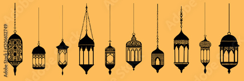 Elegant hanging lantern silhouettes, vector element set