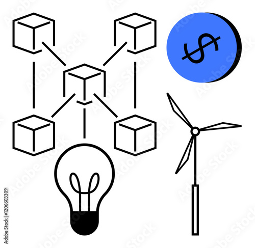 Blockchain network encapsulates central cube, dollar sign in blue circle, wind turbine, lightbulb. Ideal for innovation, technology, finance, renewable energy, ideas interconnected systems