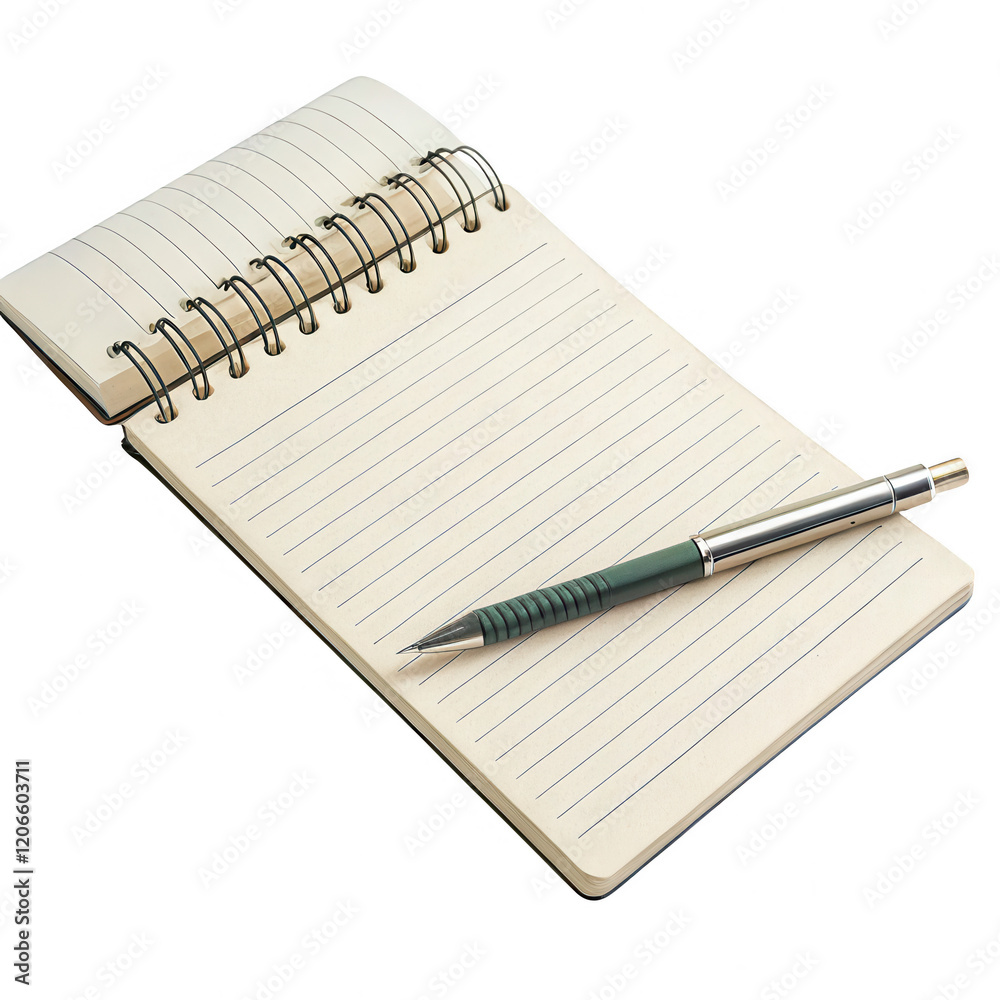 Spiral-Bound Notepad Open with Dark Green Pen Resting on Pages Spiral-Bound Notepad Open with Dark Green Pen Resting on Pages