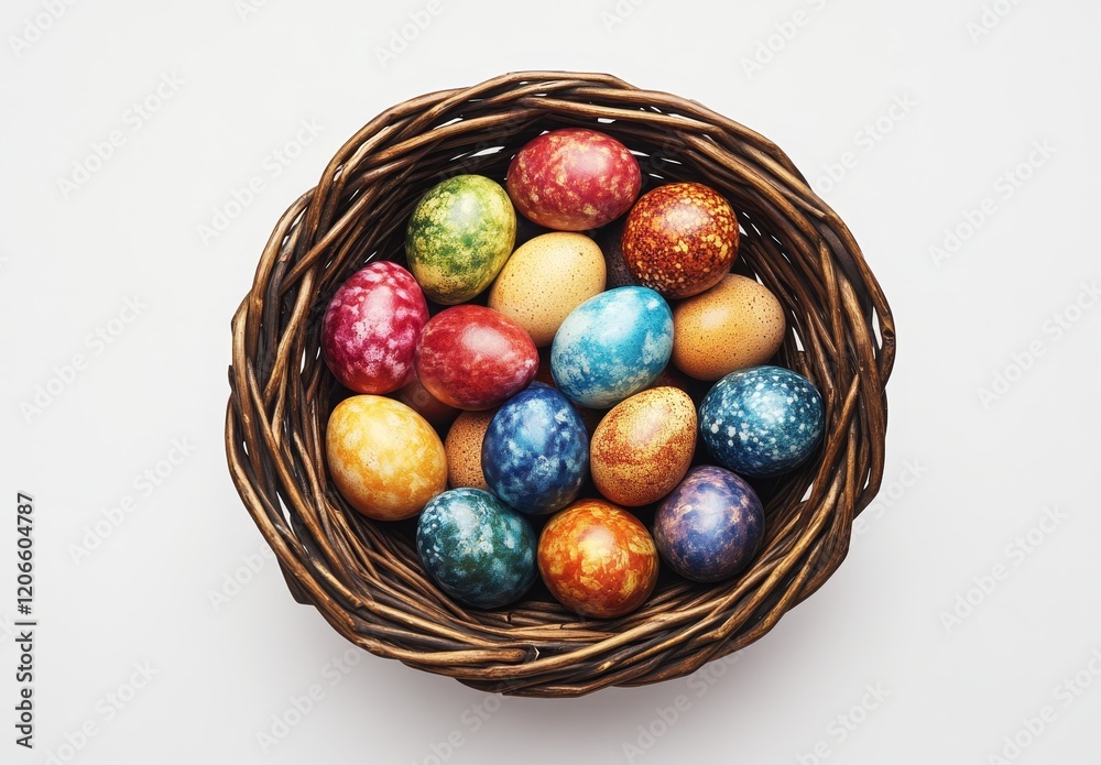 Colorful Easter eggs in a wicker basket on white background. Colorful Easter eggs in a wicker basket on white background.
