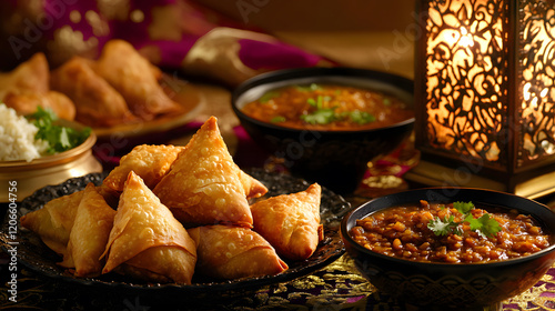 Iftar meal with Ramadan favorites like samosas, soup, dates, and sweet baklava on a festive table. photo