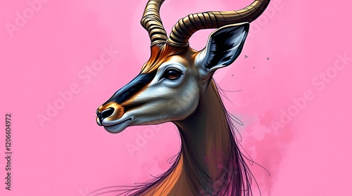 Majestic antelope portrait against pink background.