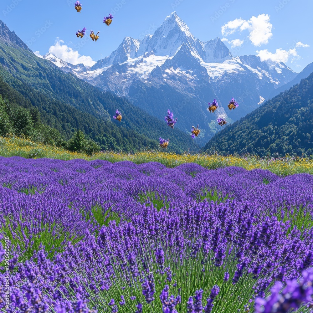 Blissful Lavender Field with Majestic Snow-Capped Peaks in Bright Summer Light Blissful Lavender Field with Majestic Snow-Capped Peaks in Bright Summer Light