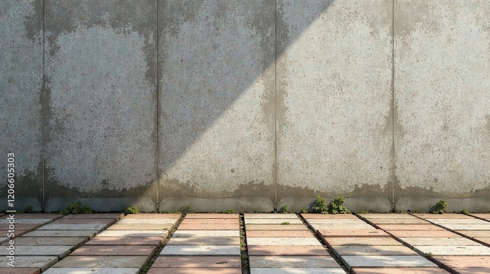 Fototapeta premium Textured Concrete Wall with Patio Pavers and Shadow