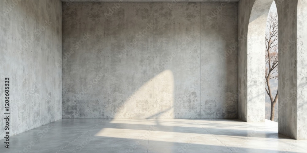Sunlit Minimalist Concrete Room with Archway and Distant Trees Sunlit Minimalist Concrete Room with Archway and Distant Trees