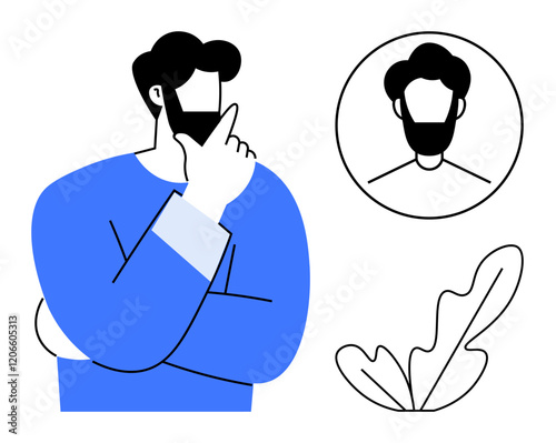 Thoughtful figure in blue with hand on chin, profile image in circle, and abstract leaf. Ideal for concepts of reflection, identity, decision-making, self-awareness, mindfulness, introspection