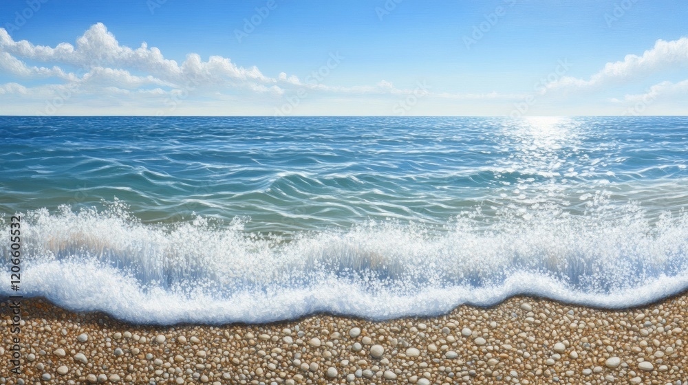 Ocean Waves Crashing on Pebbled Shore Under Blue Sky Ocean Waves Crashing on Pebbled Shore Under Blue Sky