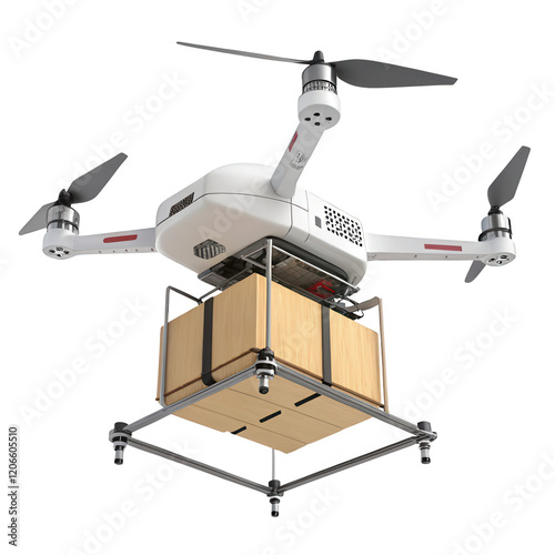 White Quadcopter Drone Delivering Brown Cardboard Box on Metallic Platform