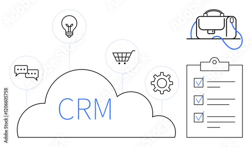 CRM cloud with lightbulb, chat bubbles, shopping cart icons. Gear, briefcase, checklist with checkmarks. Ideal for customer relationship management, business strategy, productivity, organization