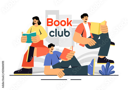 Book Club Vector Illustration featuring a Group of Men and Women Reading Together, Sharing Literature, and Fostering Education and Self-Development