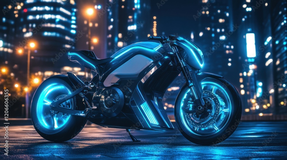 Fototapeta premium Futuristic Neon Motorcycle in City Nightscape