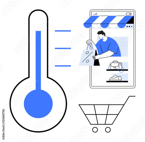 Thermometer indicating rising levels, person shopping online, storefront with products, shopping cart. Ideal for e-commerce, online sales trends, digital marketing, consumer behavior, retail