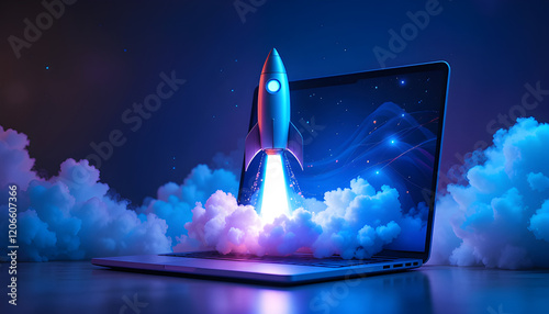 Futuristic Rocket Launching from Laptop Screen Startup Success Concept Digital Innovation