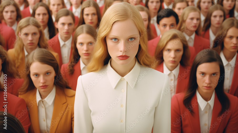 Fototapeta premium A mass of people, a huge crowd and a close up view of a young a young beautiful girl who stands out, stand out from the crowd, be different and respect differences. Generative AI