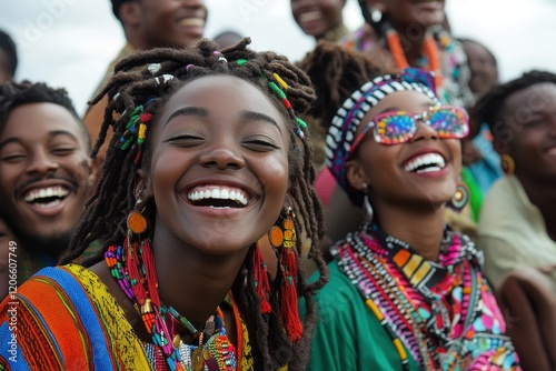 Joyful African women laughing together, adorned in vibrant traditional jewelry and clothing. This image celebrates diversity, cultural pride, and genuine happiness.