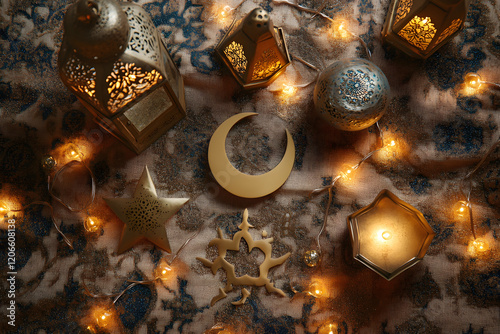 Crescent moon and lantern Ramadan decorations with softly glowing fairy lights. photo