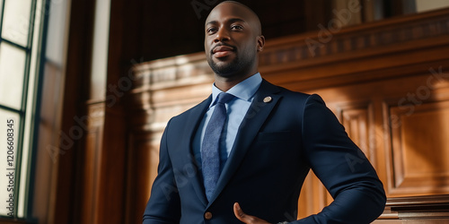 Confident politician posing in elegant courtroom setting