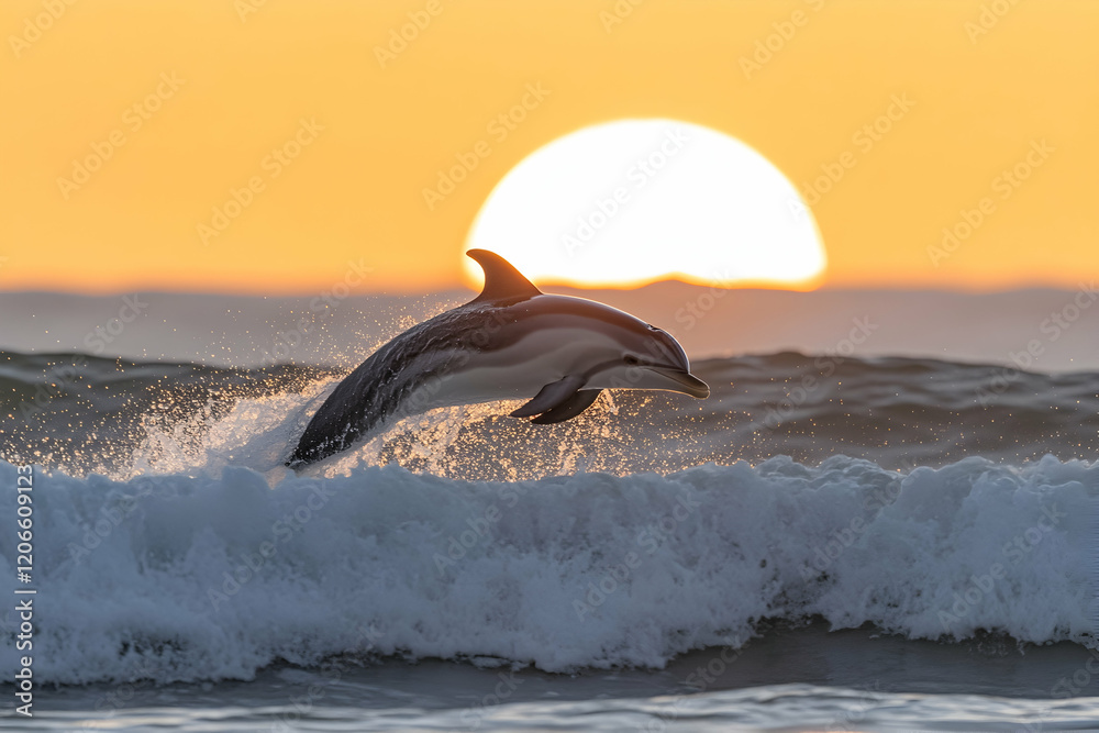 Obraz premium Stunning sunrise photo of a striped dolphin leaping over a wave, backlit by the golden sun. A breathtaking wildlife moment captured at sea.