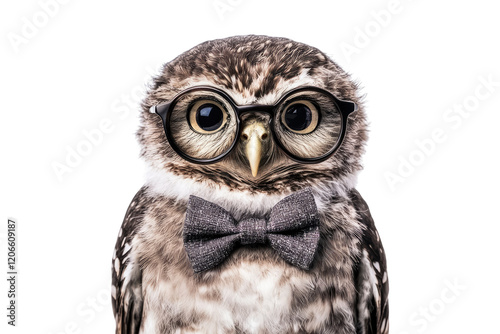 Owl wearing glasses and bow tie isolated on white or transparent PNG photo