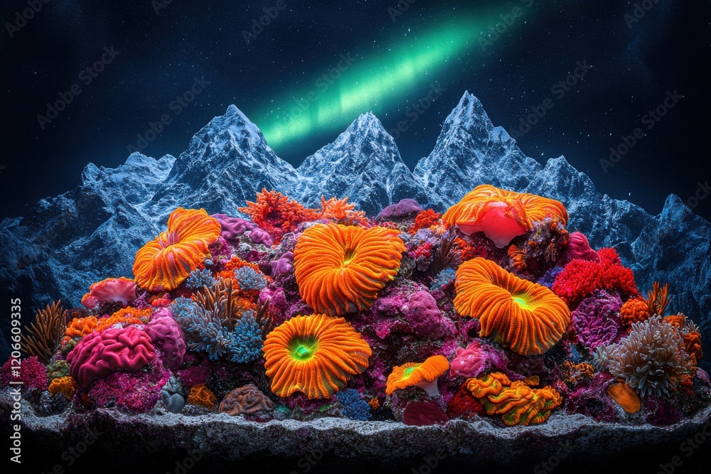 Obraz premium Enchanting Scene of Vibrant Coral Reef, Snow-Capped Peaks, and Aurora in Dark Sky Underwater