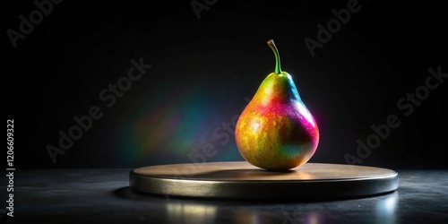 A vibrant pear, iridescently hued, rests elegantly on a circular platform, bathed in dramatic low-key lighting, creating a captivating still life. photo