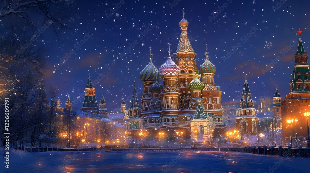 Fototapeta premium Saint Basils Cathedral Winter Snowfall Night Scene