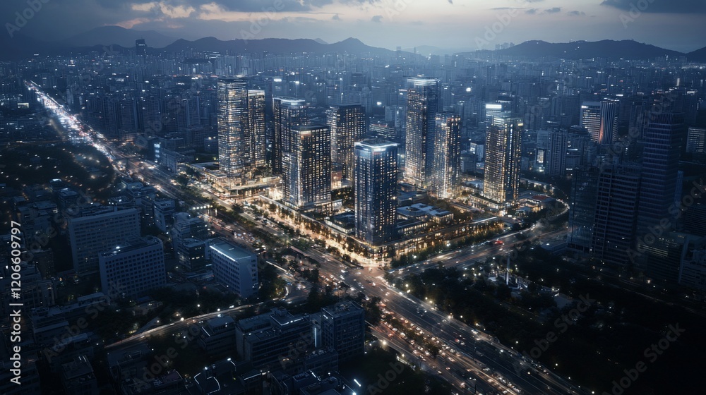 Fototapeta premium Night Aerial Cityscape Modern Towers, Urban Development, Highway Intersection