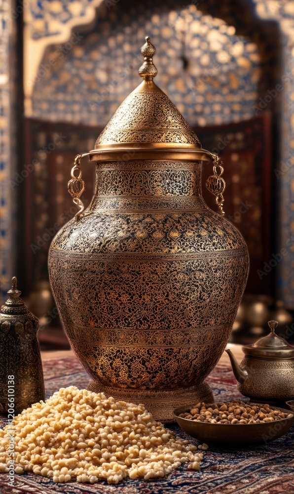 Ornate Golden Metal Container with Intricate Detailing and Grains, Evoking Luxury, History, and Tradition Ornate Golden Metal Container with Intricate Detailing and Grains, Evoking Luxury, History, and Tradition