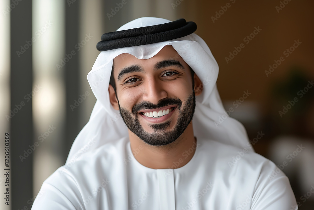 Portrait of smiling emirati businessman wearing traditional kandura and ghutra Portrait of smiling emirati businessman wearing traditional kandura and ghutra