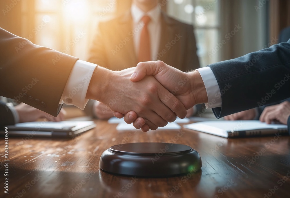 Two professionals shaking hands across a table signifies an out of court settlement in a formal setting. Mutual agreement concept Two professionals shaking hands across a table signifies an out of court settlement in a formal setting. Mutual agreement concept