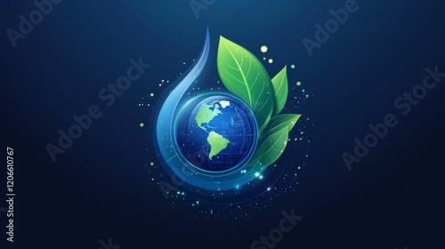 Globe within water droplet and green leaves symbolizing sustainability and environmental protection