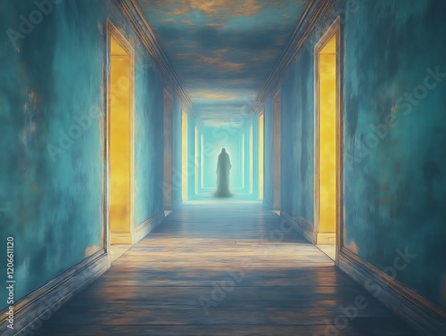 Ethereal figure in a haunted hallway.