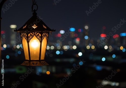 A hanging lantern with intricate carvings, glowing warmly against a blurred urban skyline at night
