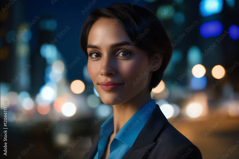 Obraz premium Confident businesswoman smiling in city at night