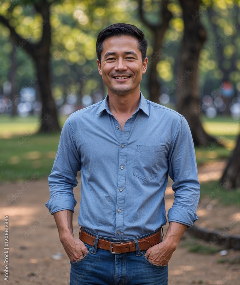 Adult man of Vietnamese nationality in casual shirt and jeans with smiling portrait photo park background Adult man of Vietnamese nationality in casual shirt and jeans with smiling portrait photo park background