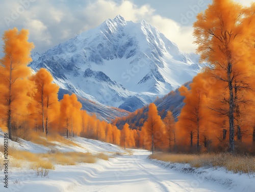 Snowy mountain peak with autumnal trees. photo