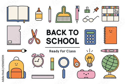Back to School Vector Illustration with Cute School Supplies set. 